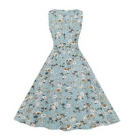 Просвета летни рокли за жени без ръкави A-Line модна модна отпечатана рокля с кръгло деколте синьо 2xl