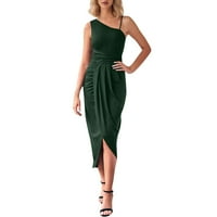 Летни рокли за жени солидни едно рамо асиметрична модна рокля без ръкави тъмно зелено m