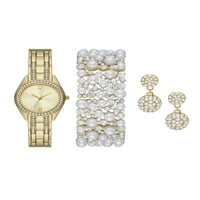 Фолио Дамски златен тон кръг аналогов глиц гривна часовник с перла и кристал стреч гривна и обица подарък Комплект