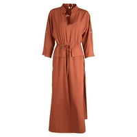 Hanzidakd Plus размер рокли за женски мода небрежно изправяне на яка v Врат Пласивен цвят Отворена дълга рокля рокля