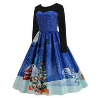 Женска модна коледна ежедневна рокля с тънки печат с дълъг ръкав - Royal Blue XXL