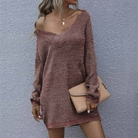 Vivianyo HD пуловери за жени Просверие плюс размер женски дълъг ръкав твърд цветен плетен свободен v Flash Neck Picks Wine