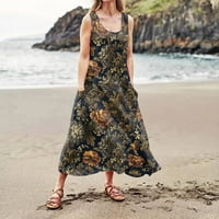 Летни рокли за жени жени плажни ваканционни рокли Танк за ръкави рокли флорална отпечатана слънчева рокля бохо рокля джобове на