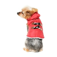 Живи кучешки дрехи: червено яке с качулка с Фау превключватели, размер ХХС
