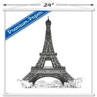 Линейно изкуство - Айфеловата кула за стена плакат с дървена магнитна рамка, 22.375 34