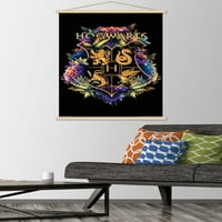 Светът на Wizarding: Хари Потър - Плакат за стена на Floral House Crests с дървена магнитна рамка, 22.375 34