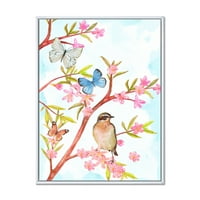 Умна птица седи на клон на пролетно дърво с пеперуди в рамка живопис платно изкуство печат