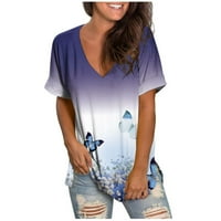Дамски върхове за жени пролет лято моден плаж ежедневен печат свободен тениска с къс ръкав отгоре xxlpurple