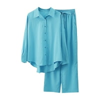 Auroural дамски комплекти клирънс модна жена въртяща яка бутон със солидна блуза с дълъг ръкав +свободни панталони комплекти