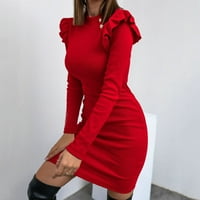 Есента зимен офис дама рокля Ruffles Solid Color Commute Dress Slim Fit Platited Basic Inside Inside Streetwear