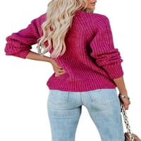 Glookwis жени плътни цветни жилетки топъл пуловер Разхлабени ежедневни плетени пуловери с джобове v шия роза червени s