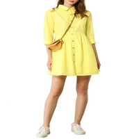 Уникални изгодни дамски елегантни яка пристъп ръкав бутон мини риза рокля лимон жълто м