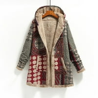 Zlekejiko винтидж печат топла качулка с джобове дамски палта зимни изходни жилищни жилищни палто