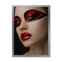 Дизайнарт 'червени устни черен грим на очите на маска момиче' модерна рамка Арт Принт