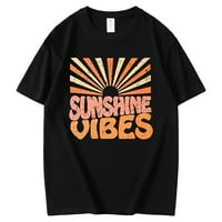Слънчева графична тениска за жени Слънчеви вибрации Печат Небрежни върхове с къси ръкави Черен X-голям